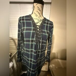 Plaid Lace-Up Long Sleeve Top